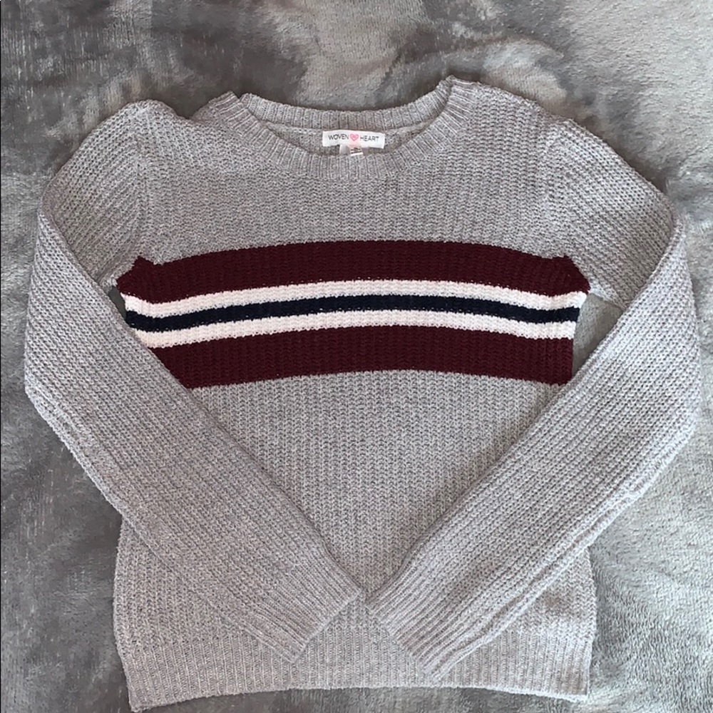 grey, maroon, black, and white sweater NEVER WORN!